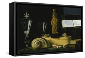 Still-Life with Statue, Books and Shells-Sebastian Stosskopf-Framed Stretched Canvas