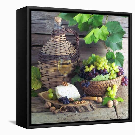 Still Life with White Wine, Grapes, Cheese and Walnuts-null-Framed Stretched Canvas