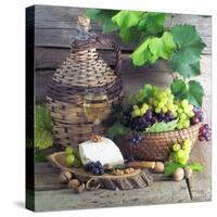 Still Life with White Wine, Grapes, Cheese and Walnuts-null-Stretched Canvas