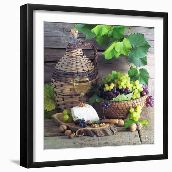 Still Life with White Wine, Grapes, Cheese and Walnuts-null-Framed Photographic Print