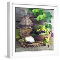 Still Life with White Wine, Grapes, Cheese and Walnuts-null-Framed Photographic Print