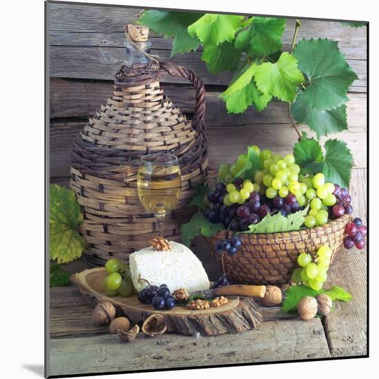 Still Life with White Wine, Grapes, Cheese and Walnuts-null-Mounted Photographic Print