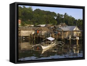 Stilt Houses and Catamaran Fishing Boat, Coron Town, Busuanga Island, Palawan Province, Philippines-Kober Christian-Framed Stretched Canvas