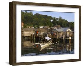 Stilt Houses and Catamaran Fishing Boat, Coron Town, Busuanga Island, Palawan Province, Philippines-Kober Christian-Framed Photographic Print