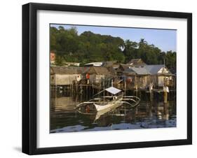 Stilt Houses and Catamaran Fishing Boat, Coron Town, Busuanga Island, Palawan Province, Philippines-Kober Christian-Framed Photographic Print