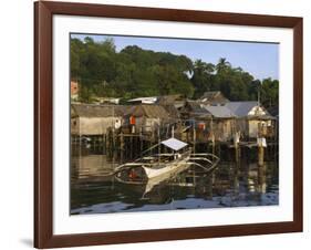 Stilt Houses and Catamaran Fishing Boat, Coron Town, Busuanga Island, Palawan Province, Philippines-Kober Christian-Framed Photographic Print