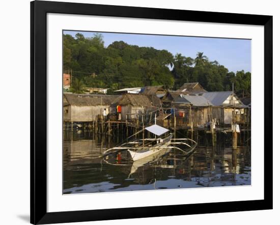 Stilt Houses and Catamaran Fishing Boat, Coron Town, Busuanga Island, Palawan Province, Philippines-Kober Christian-Framed Photographic Print