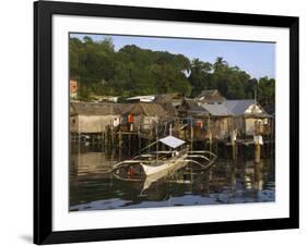 Stilt Houses and Catamaran Fishing Boat, Coron Town, Busuanga Island, Palawan Province, Philippines-Kober Christian-Framed Photographic Print