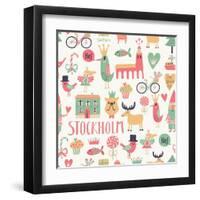 Stockholm Concept Seamless Pattern in Vector. House, Church, Gnome, Birds, Moose, Bicycle, Horse An-smilewithjul-Framed Art Print