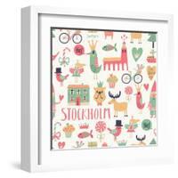 Stockholm Concept Seamless Pattern in Vector. House, Church, Gnome, Birds, Moose, Bicycle, Horse An-smilewithjul-Framed Art Print