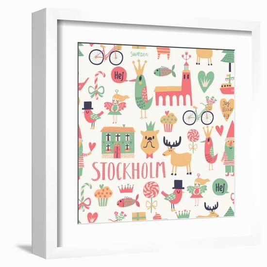 Stockholm Concept Seamless Pattern in Vector. House, Church, Gnome, Birds, Moose, Bicycle, Horse An-smilewithjul-Framed Art Print