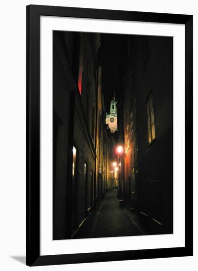 Stockholm Sweden Cobblestone Street At Night-null-Framed Photo