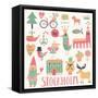 Stockholm Sweden Set in Vector. Cute Stylish Scandinavian Set with House, Church, Gnome, Birds, Moo-smilewithjul-Framed Stretched Canvas