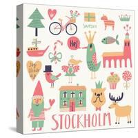 Stockholm Sweden Set in Vector. Cute Stylish Scandinavian Set with House, Church, Gnome, Birds, Moo-smilewithjul-Stretched Canvas