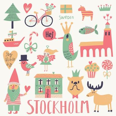 'Stockholm Sweden Set in Vector. Cute Stylish Scandinavian Set with