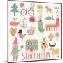 Stockholm Sweden Set in Vector. Cute Stylish Scandinavian Set with House, Church, Gnome, Birds, Moo-smilewithjul-Mounted Art Print