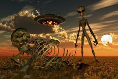 A Grey Alien Looking at Humanoid Remains as a Ufo Flys Overhead-Stocktrek Images-Art Print