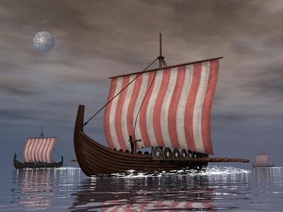 Drekar Viking Ships Navigating the Ocean at Night
