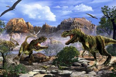 Two T-Rex Dinosaurs Fighting over a Dead Carcass