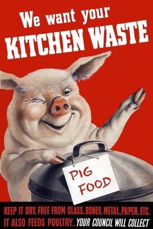 Vintage World Ware II Poster Featuring a Pig Standing with a Garbage Can
