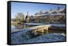 Stone Bridge and Cotswold Cottages in Snow, Lower Slaughter, Cotswolds, Gloucestershire, England-Stuart Black-Framed Stretched Canvas