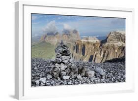 Stone Cairn on Sass Pordoi Mountain in the Dolomites Near Canazei-Martin Child-Framed Photographic Print