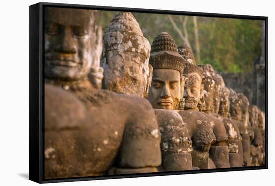 Stone Carved Statues of Devas on the Bridge to Angkor Thom in Angkor Complex, Siem Reap, Cambodia-mazzzur-Framed Stretched Canvas