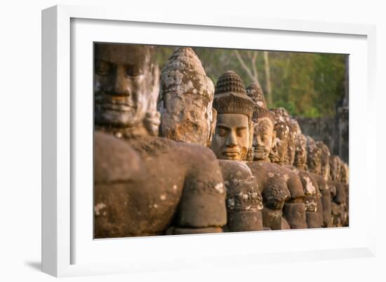 Stone Carved Statues of Devas on the Bridge to Angkor Thom in Angkor Complex, Siem Reap, Cambodia-mazzzur-Framed Photographic Print