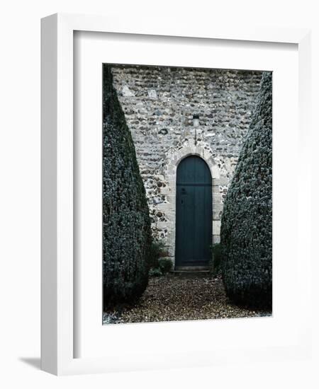 Stone Entry and Wood Door Flanked by Manicured Bushes-Tim Kahane-Framed Photographic Print