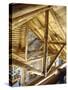 Stone Fireplace from Bedroom Loft of Summer Cabin Made from a Prefabricated Kit of Pine Logs-John Dominis-Stretched Canvas