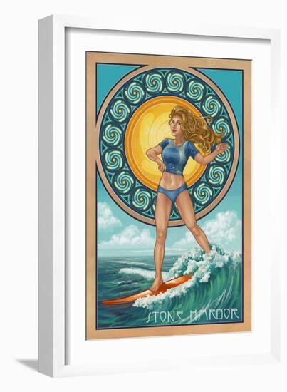 Stone Harbor, New Jersey - Art Nouveau Surfer-Lantern Press-Framed Art Print