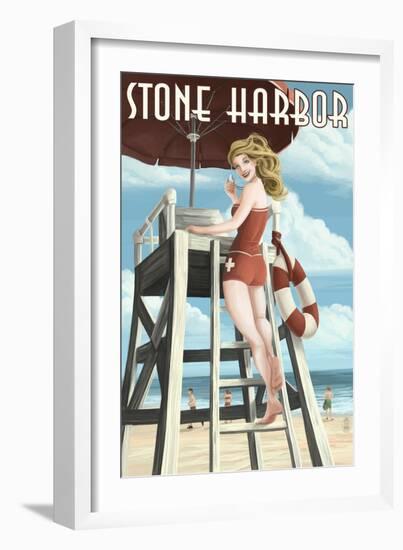 Stone Harbor, New Jersey - Lifeguard Pinup Girl-Lantern Press-Framed Art Print