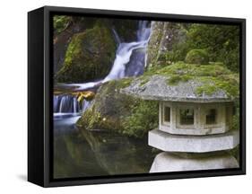 Stone Lantern and Heavenly Falls, Portland Japanese Garden, Oregon, USA-William Sutton-Framed Stretched Canvas