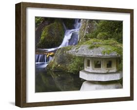 Stone Lantern and Heavenly Falls, Portland Japanese Garden, Oregon, USA-William Sutton-Framed Premium Photographic Print