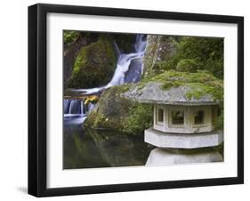 Stone Lantern and Heavenly Falls, Portland Japanese Garden, Oregon, USA-William Sutton-Framed Premium Photographic Print