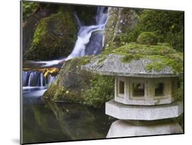 Stone Lantern and Heavenly Falls, Portland Japanese Garden, Oregon, USA-William Sutton-Mounted Premium Photographic Print