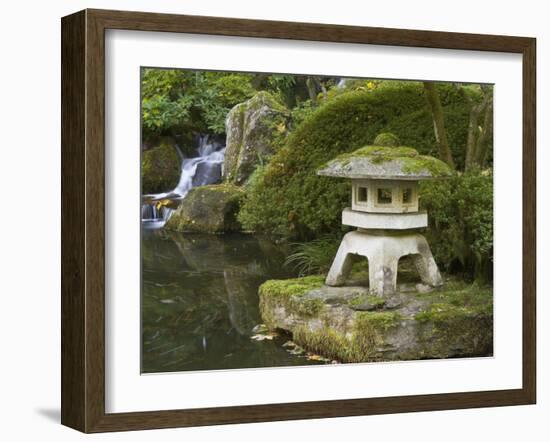 Stone Lantern and Heavenly Falls, Portland Japanese Garden, Oregon, USA-William Sutton-Framed Premium Photographic Print