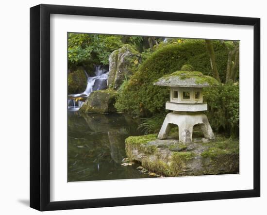 Stone Lantern and Heavenly Falls, Portland Japanese Garden, Oregon, USA-William Sutton-Framed Premium Photographic Print