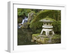 Stone Lantern and Heavenly Falls, Portland Japanese Garden, Oregon, USA-William Sutton-Framed Premium Photographic Print