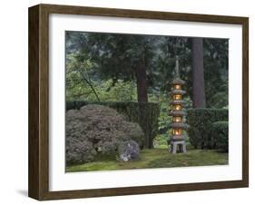 Stone Lantern Illuminated with Candles, Portland Japanese Garden, Oregon, USA-William Sutton-Framed Premium Photographic Print