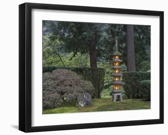 Stone Lantern Illuminated with Candles, Portland Japanese Garden, Oregon, USA-William Sutton-Framed Premium Photographic Print