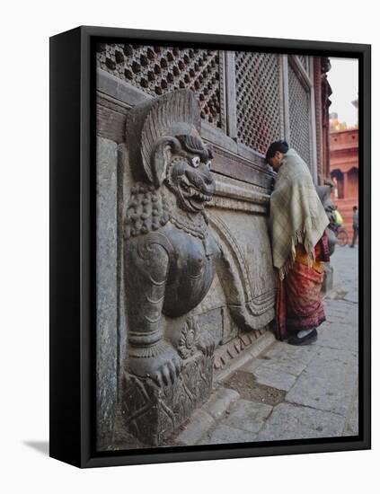 Stone Lions Guard a Prayer Wall in Durbar Square, Kathmandu, Nepal, Asia-Mark Chivers-Framed Stretched Canvas