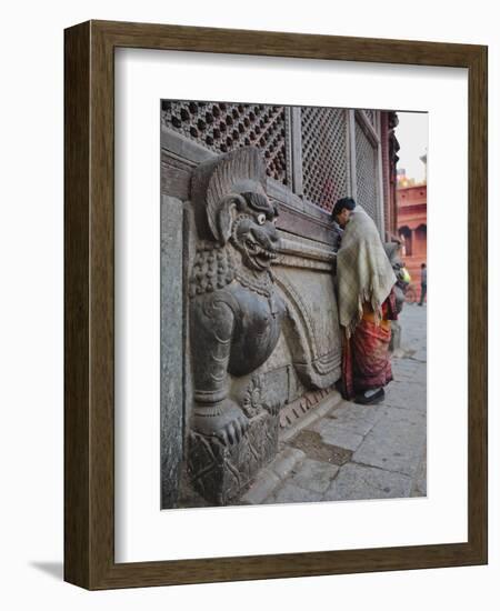 Stone Lions Guard a Prayer Wall in Durbar Square, Kathmandu, Nepal, Asia-Mark Chivers-Framed Photographic Print