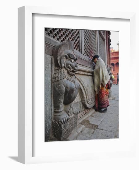Stone Lions Guard a Prayer Wall in Durbar Square, Kathmandu, Nepal, Asia-Mark Chivers-Framed Photographic Print
