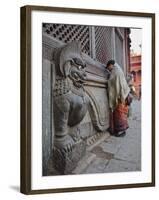 Stone Lions Guard a Prayer Wall in Durbar Square, Kathmandu, Nepal, Asia-Mark Chivers-Framed Photographic Print