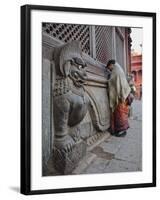 Stone Lions Guard a Prayer Wall in Durbar Square, Kathmandu, Nepal, Asia-Mark Chivers-Framed Photographic Print