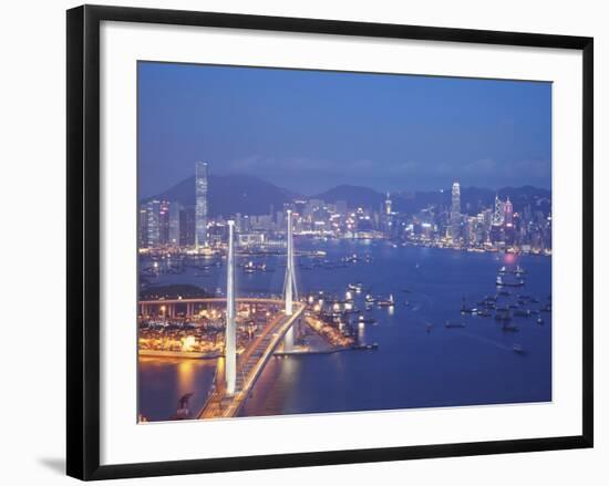 Stonecutters Bridge, Victoria Harbour and Hong Kong Island at Dusk, Hong Kong, China-Ian Trower-Framed Photographic Print