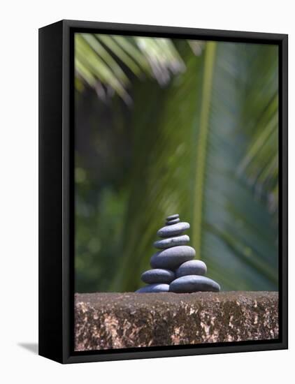 Stones Balanced on Rock, Palm Trees in Background, Maldives, Indian Ocean-Papadopoulos Sakis-Framed Stretched Canvas