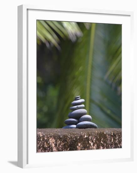 Stones Balanced on Rock, Palm Trees in Background, Maldives, Indian Ocean-Papadopoulos Sakis-Framed Photographic Print