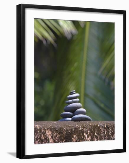 Stones Balanced on Rock, Palm Trees in Background, Maldives, Indian Ocean-Papadopoulos Sakis-Framed Photographic Print